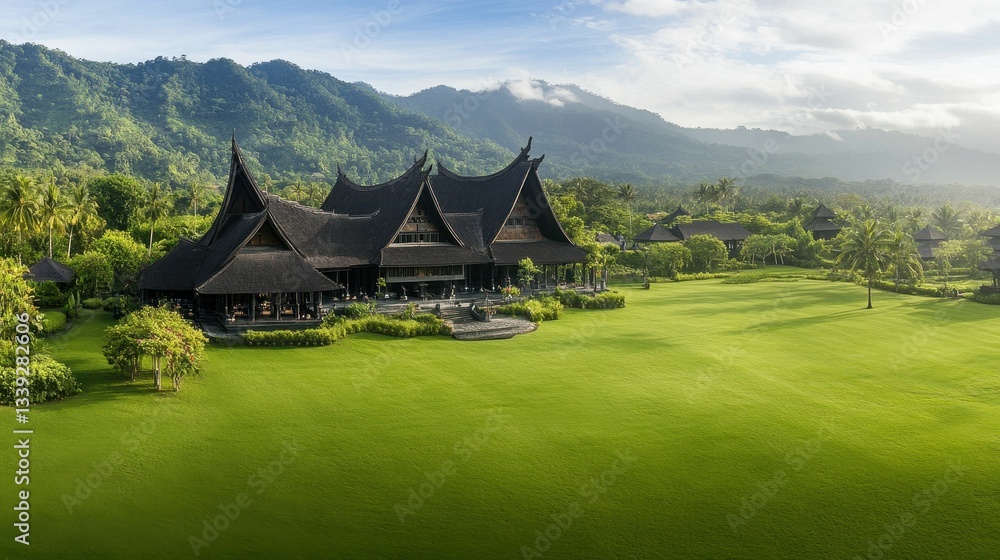 Large dark house, lush green lawn, verdant mountains. Large dark house, lush green lawn, verdant mountains.