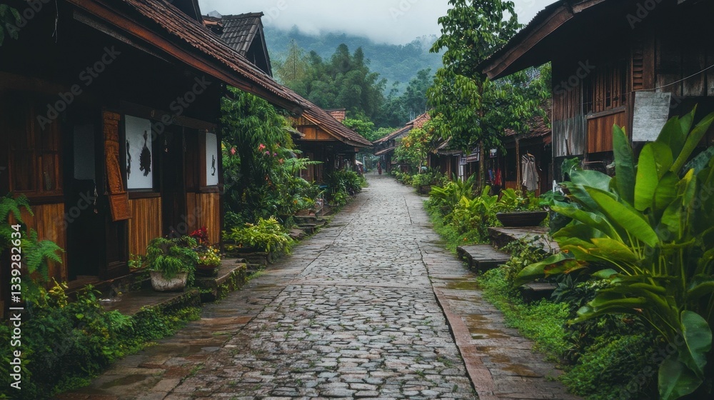 Stone path, lush greenery, wooden houses, misty hills. Stone path, lush greenery, wooden houses, misty hills.