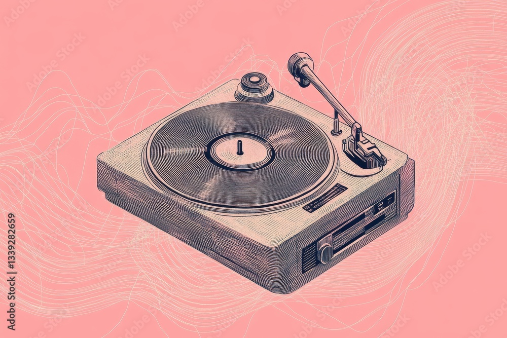 Fototapeta premium A vintage turntable plays music on a textured pink background