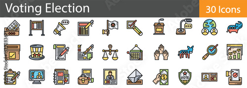 Voting and Election Line Icons Set. Collection of 30 outline icons representing voting, election processes, and democracy. Editable stroke vector illustration.