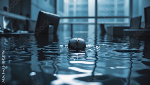 A computer mouse floating on water in a flooded office space with reflections of light and furniture