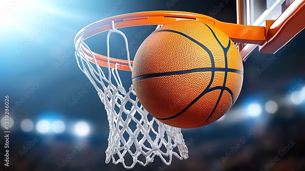 Basketball swishing through hoop in arena. Basketball swishing through hoop in arena.