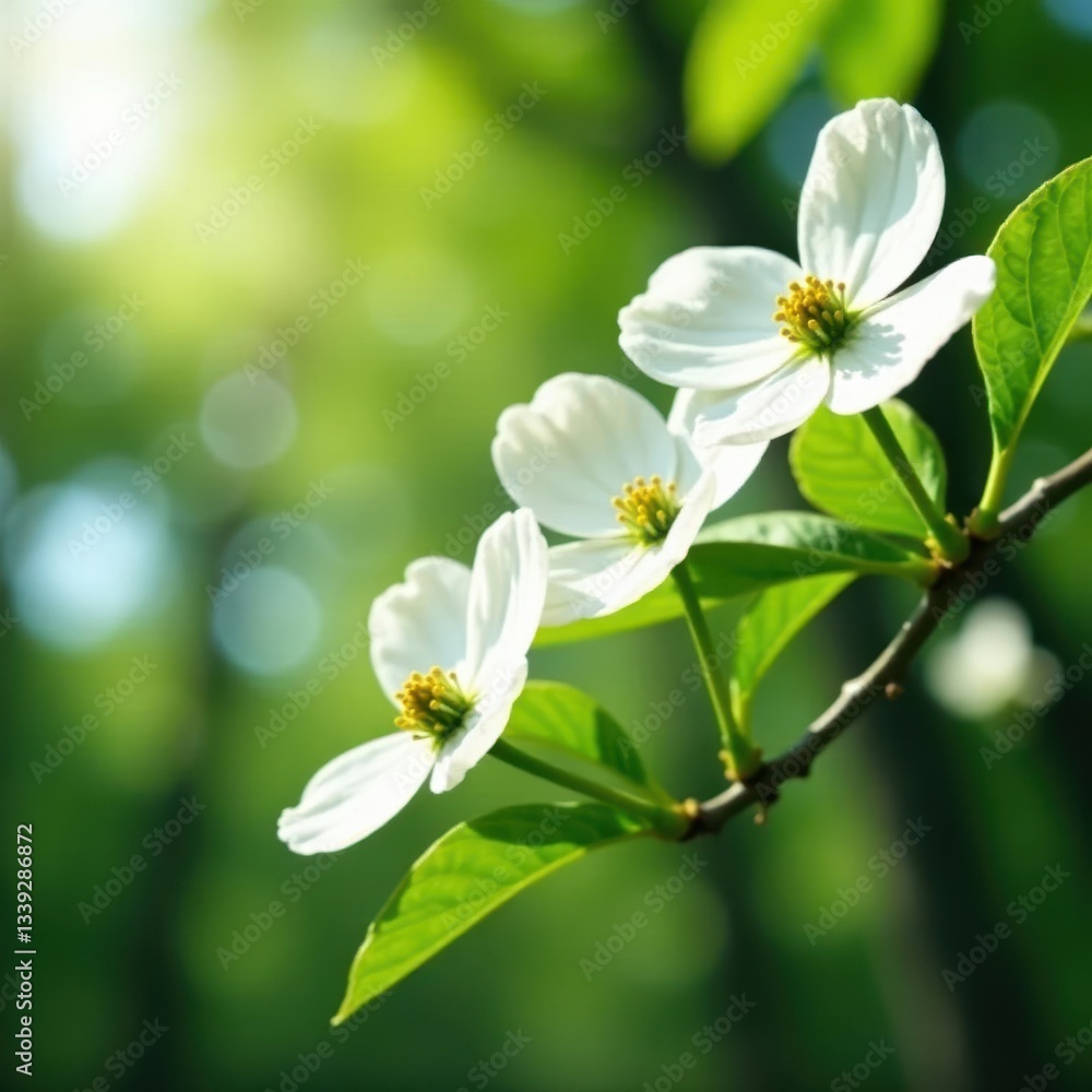White dogwood blossoms, green leaves, sunlight dappled background, image, dogwood blossom, vibrant White dogwood blossoms, green leaves, sunlight dappled background, image, dogwood blossom, vibrant