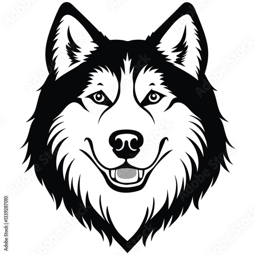 Black and White Alaskan Malamute Head – Vector Illustration Isolated on White Background for Pet, Dog Breed, and Animal Design Use, Malamute Head Vector, Alaskan Dog Face, Pet Breed Illustration



