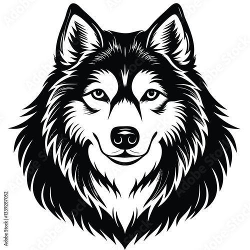 Black and White Alaskan Malamute Head – Vector Illustration Isolated on White Background for Pet, Dog Breed, and Animal Design Use, Malamute Head Vector, Alaskan Dog Face, Pet Breed Illustration
