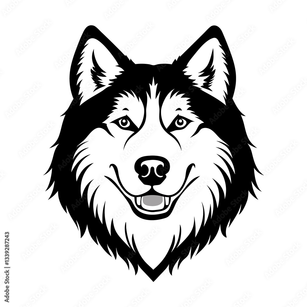 Fototapeta premium Black and White Alaskan Malamute Head – Vector Illustration Isolated on White Background for Pet, Dog Breed, and Animal Design Use, Malamute Head Vector, Alaskan Dog Face, Pet Breed Illustration 