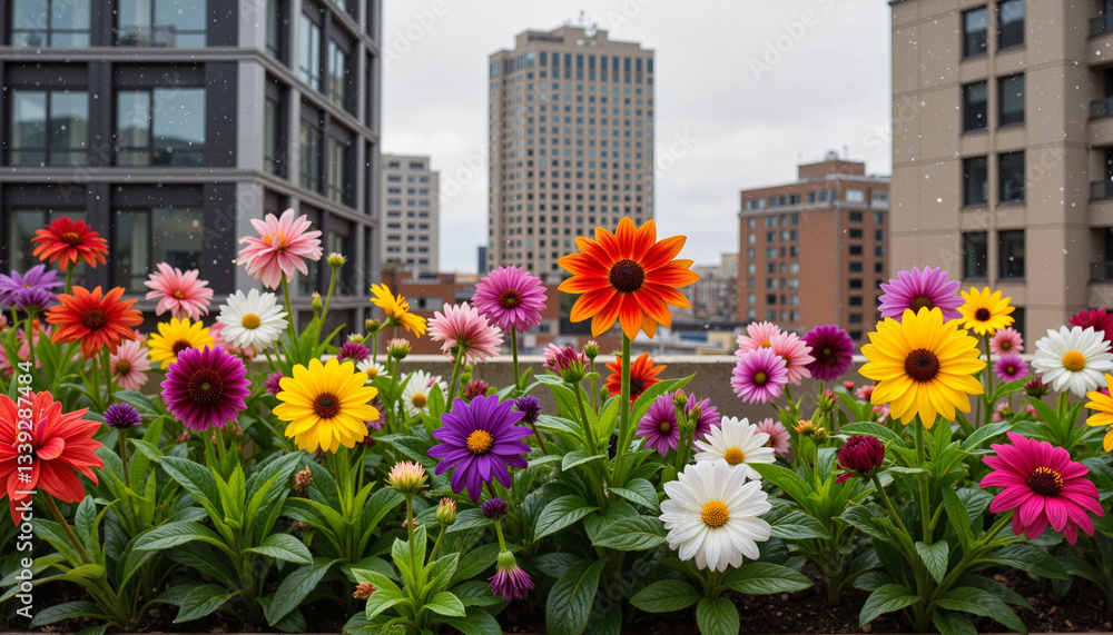 Vibrant flowers blooming in urban rooftop garden, nature's beauty Vibrant flowers blooming in urban rooftop garden, nature's beauty