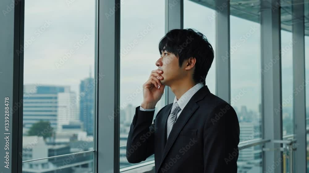 A professional Asian man gazing through the glass facade of a high-rise office with a serious look. Concept of workplace contemplation and corporate decision-making. A professional Asian man gazing through the glass facade of a high-rise office with a serious look. Concept of workplace contemplation and corporate decision-making.
