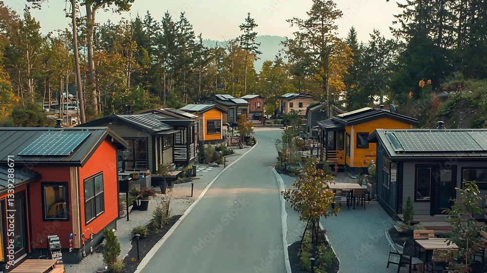 Obraz premium Charming, colorful tiny homes nestled in a serene, wooded community. Solar panels adorn the roofs of the modern cabins.