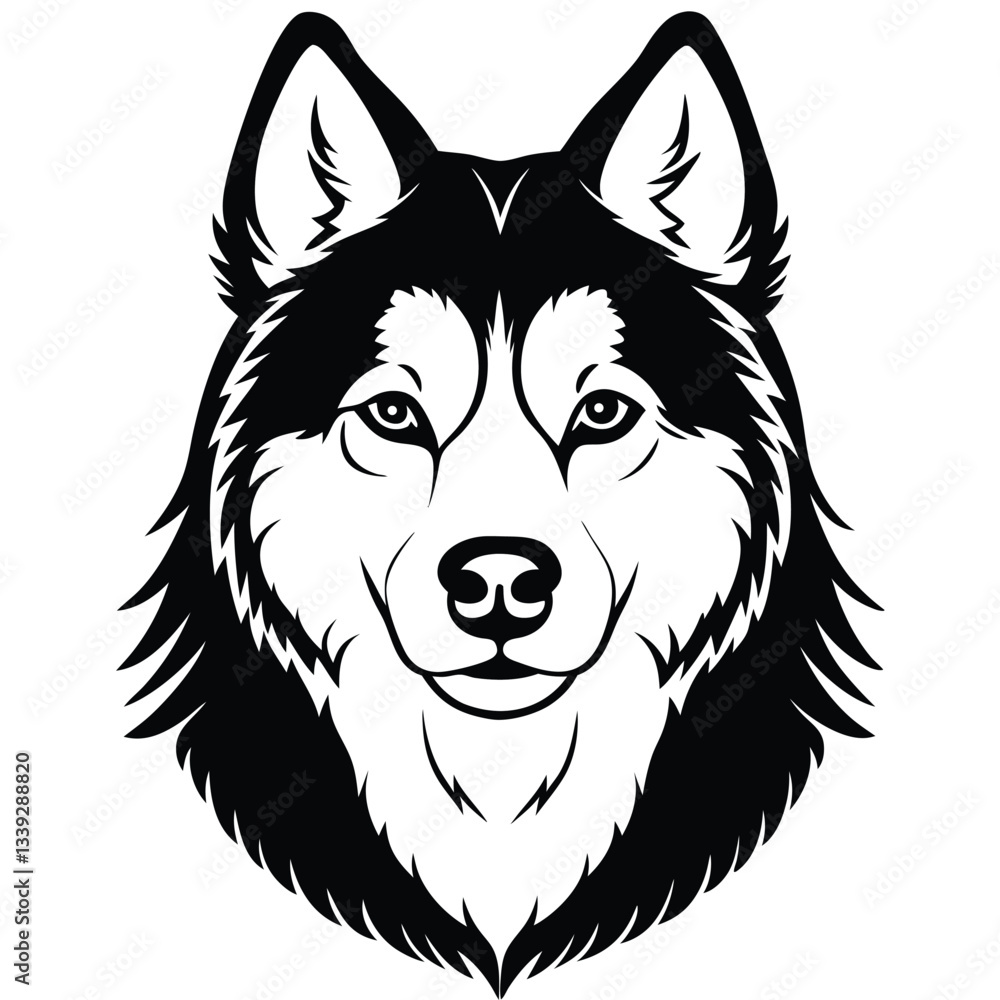 Naklejka premium Black and White Alaskan Malamute Head – Vector Illustration Isolated on White Background for Dog Breed, Pet, and Animal Designs, Malamute Head Vector, Alaskan Dog Face, Malamute Breed Icon 