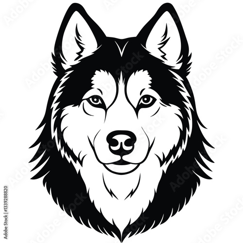 Black and White Alaskan Malamute Head – Vector Illustration Isolated on White Background for Dog Breed, Pet, and Animal Designs, Malamute Head Vector, Alaskan Dog Face, Malamute Breed Icon
