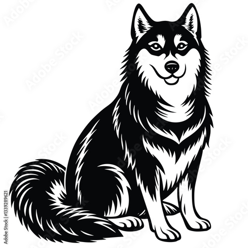 Black and White Alaskan Malamute Sitting – Vector Illustration Isolated on White Background for Pet and Arctic Breed Designs, Malamute Dog Vector, Arctic Dog Art, Pet Sitting Design



