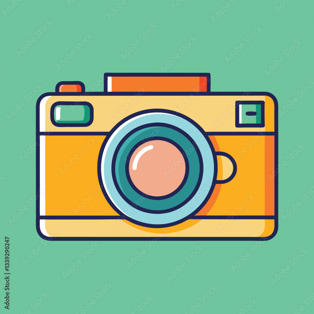 Retro Camera Vector Illustration, A vector illustration of a retro-style camera with a teal body, red stripe, and a large lens, set against a yellow background.
Retro Camera Vector Illustration, A vector illustration of a retro-style camera with a teal body, red stripe, and a large lens, set against a yellow background.