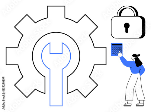 Woman interacting with numeric keypad near gear and lock, symbolizing security, access control, and management. Ideal for technology, cybersecurity, software, development, settings tools access