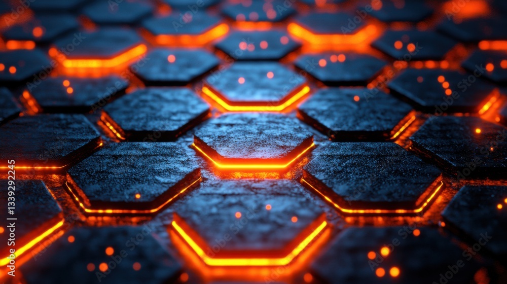Illuminated hexagonal patterns digital art abstract close-up view Illuminated hexagonal patterns digital art abstract close-up view