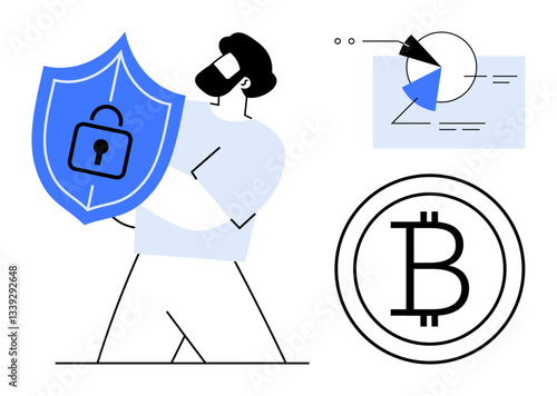 Man holding shield with lock symbol stands beside Bitcoin sign and data chart. Ideal for blockchain, cryptocurrency, security, fintech, data privacy, digital economy, flat simple metaphor
