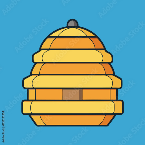 Bee Hive Vector Illustration, A vector illustration of a yellow bee hive with multiple layered sections and a small entrance, set against a bright blue background.
