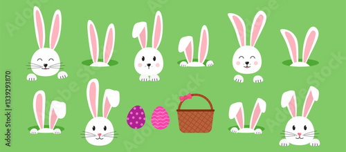 Easter rabbit ears and eggs, basket, bunnies hole and picnic bag. Cute animal character bunny, cartoon egg hunt, funny spring set on green background. Holiday vector illustration