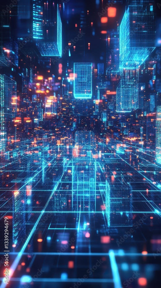Digital glowing futuristic cityscape with illuminated architectural designs Digital glowing futuristic cityscape with illuminated architectural designs
