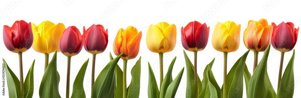 Colorful Tulips in Bloom with Green Leaves Isolated on White Background Colorful Tulips in Bloom with Green Leaves Isolated on White Background