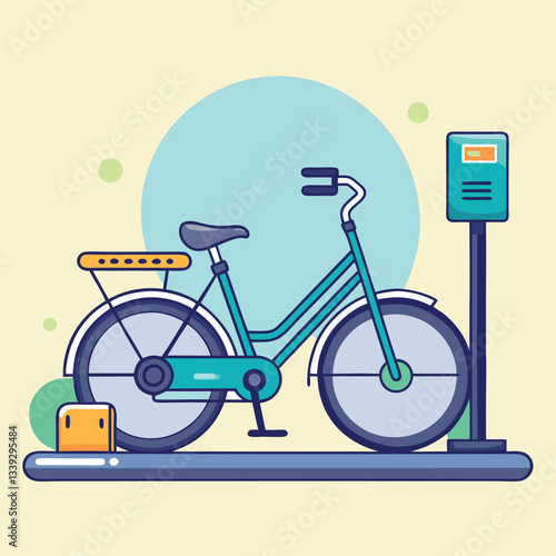Bike Sharing Station Vector with Rental Bike, A vector illustration of a bike-sharing station featuring a rental bicycle, bike stand, and a rental kiosk on a light background.
