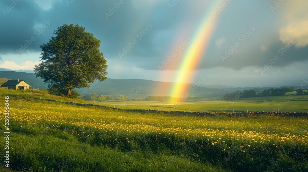 Naklejka premium Scenic Countryside with Vibrant Rainbow – National Find a Rainbow Day