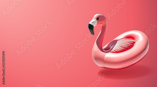 Trendy Summer minimal concept banner made of pink flamingo inflatable on bright light pink background with writing space and copy