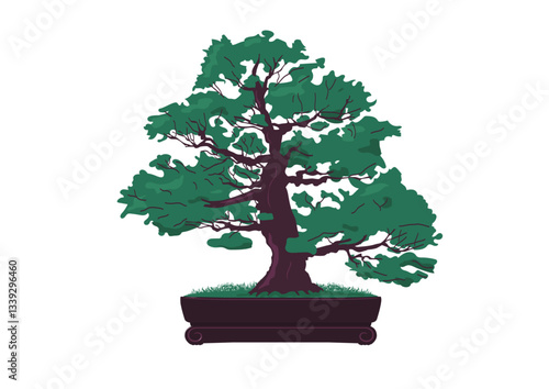 Bonsai tree in a flat pot. Flat vector illustration with a limited colour palette. 