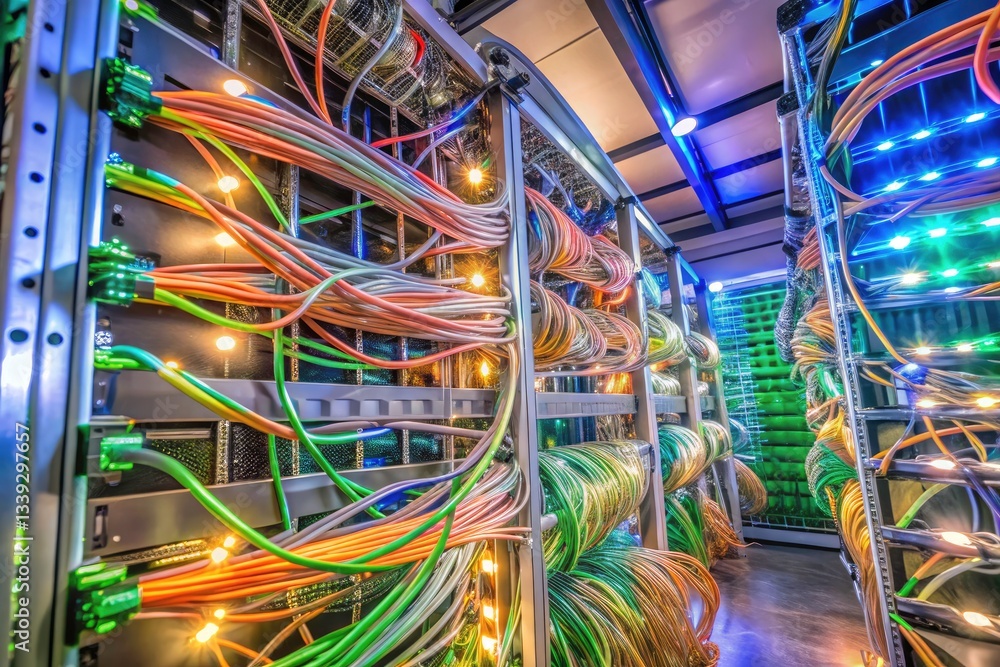 Panoramic Neon Server Room, Glowing Data Center, Tech Infrastructure, Network Cables, Server Rack, Night Photography, Cyberpunk, Digital Technology, High-Tech Panoramic Neon Server Room, Glowing Data Center, Tech Infrastructure, Network Cables, Server Rack, Night Photography, Cyberpunk, Digital Technology, High-Tech