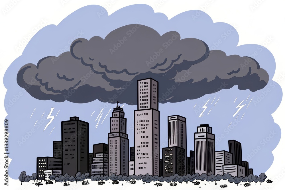 Fototapeta premium A stylized city skyline is depicted under dark storm clouds, with lightning striking, creating a dramatic and turbulent atmosphere.