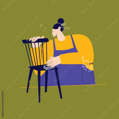 Upcycling, furniture makeover, restoring antique furniture with a paintbrush. DIY home renovation. Flat design illustration