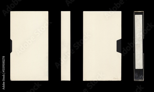 VHS videocassette in cover sleeve, multiple angles, mockup with blank space on black background