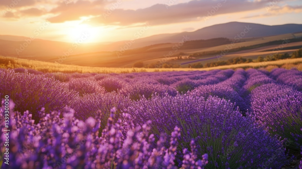 Obraz premium A beautiful lavender field in full bloom with rolling hills and a soft golden light.