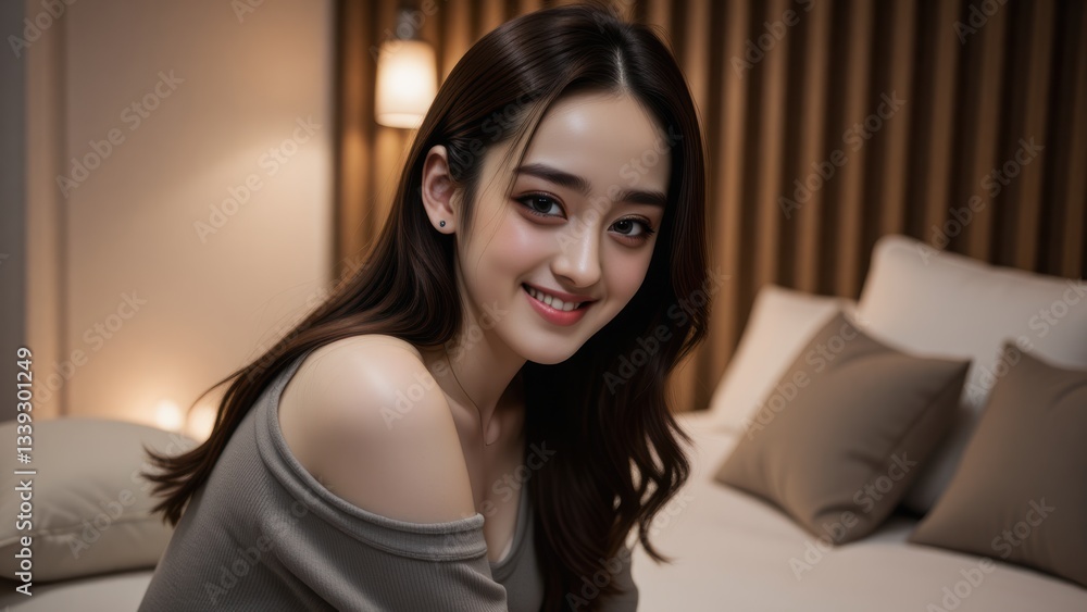 Smiling Asian Woman Relaxing in Bedroom with Soft Lighting and Neutral Tones Smiling Asian Woman Relaxing in Bedroom with Soft Lighting and Neutral Tones