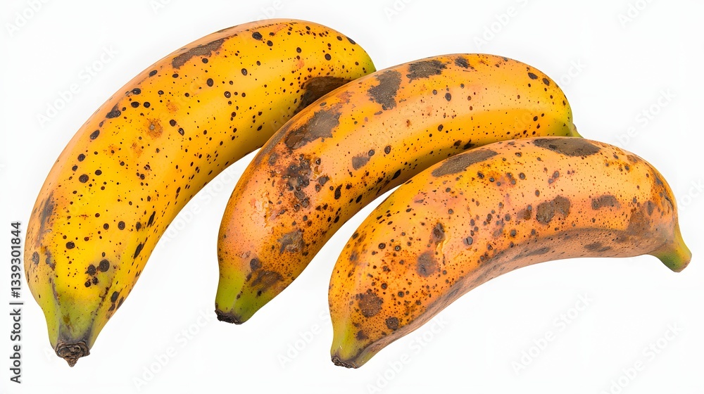 Close-Up of Three Ripe Bananas with Dark Spots on a White Background Close-Up of Three Ripe Bananas with Dark Spots on a White Background