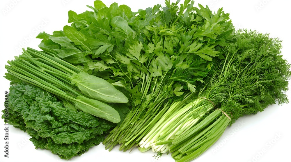 Fresh Assortment of Leafy Greens and Herbs on a White Background Ready for Cooking and Nutrition Fresh Assortment of Leafy Greens and Herbs on a White Background Ready for Cooking and Nutrition