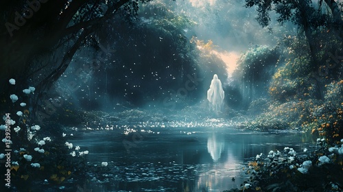 Wallpaper Mural Ethereal Figure Stands by Enchanting Forest Pond Torontodigital.ca