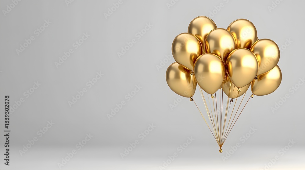 Bunch of Golden Balloons Floating Gracefully Against a Minimalist Light Grey Background Bunch of Golden Balloons Floating Gracefully Against a Minimalist Light Grey Background