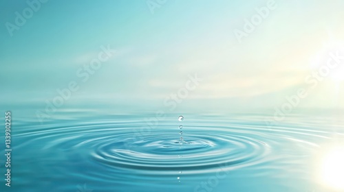 Mesmerizing closeup, a single water drop creates ripples in calm lake 