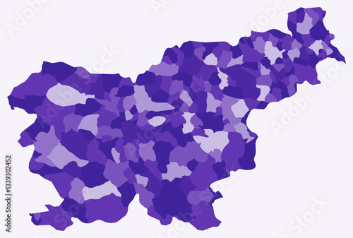 Map of Slovenia with regions. Just a simple country border map with region division. Deep purple color palette. Plain Republic of Slovenia shape with administrative division. Vector illustration.