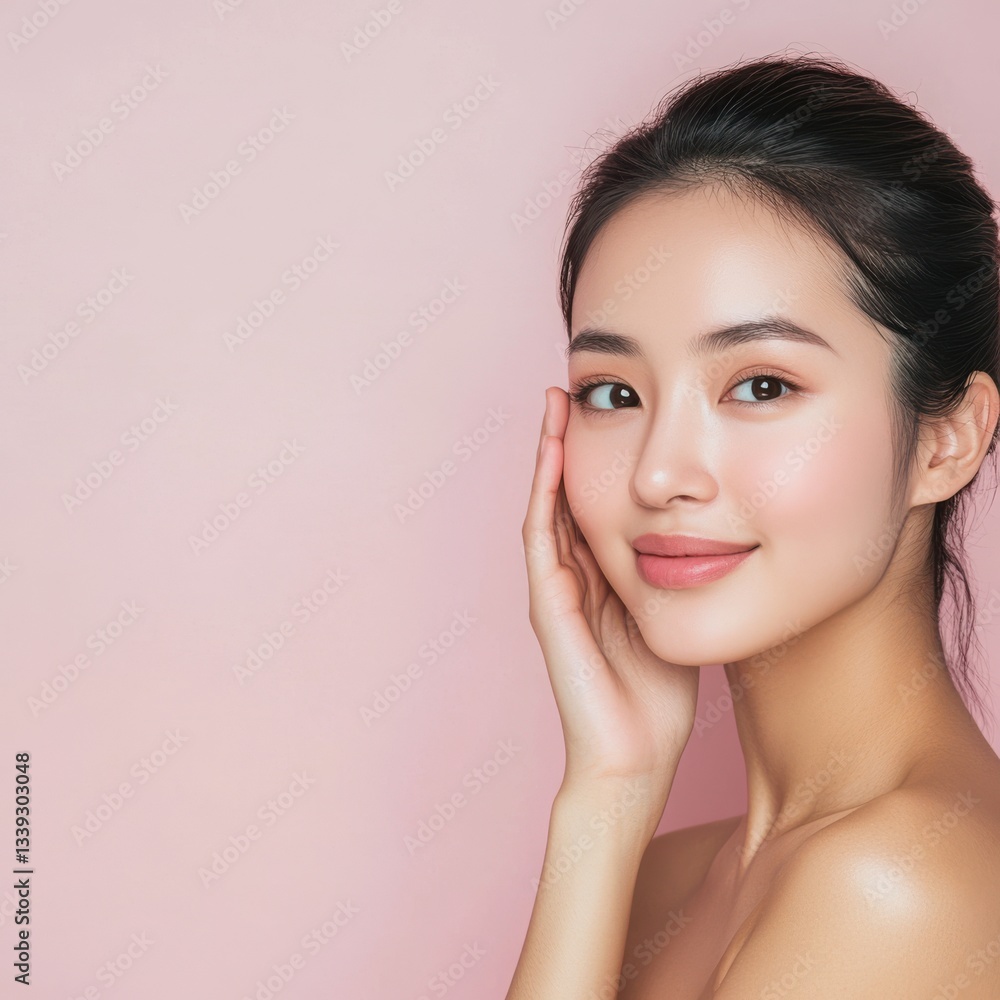 Young Asian woman with flawless skin gently touching her cheek, smiling softly against a pastel pink background. Natural beauty, skincare concept. Young Asian woman with flawless skin gently touching her cheek, smiling softly against a pastel pink background. Natural beauty, skincare concept.