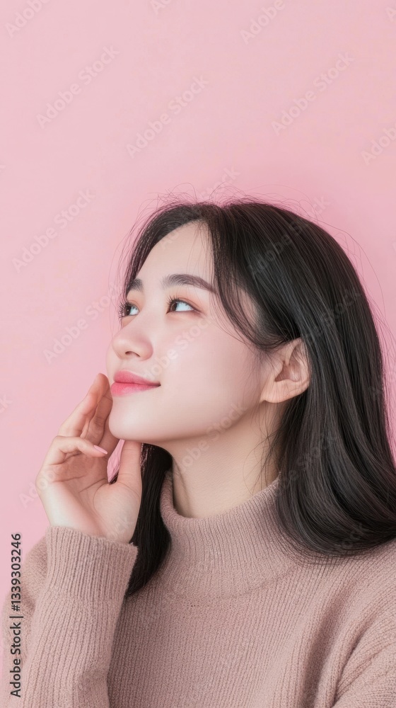 Young Asian woman with flawless skin gently touching her cheek, smiling softly against a pastel pink background. Natural beauty, skincare concept. Young Asian woman with flawless skin gently touching her cheek, smiling softly against a pastel pink background. Natural beauty, skincare concept.