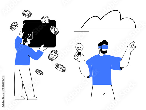 Wallet with flying coins held by man, another wearing VR glasses holding light bulb pointing at cloud. Ideal for finances, digital innovation, creativity, ideas, technology, cloud computing, future