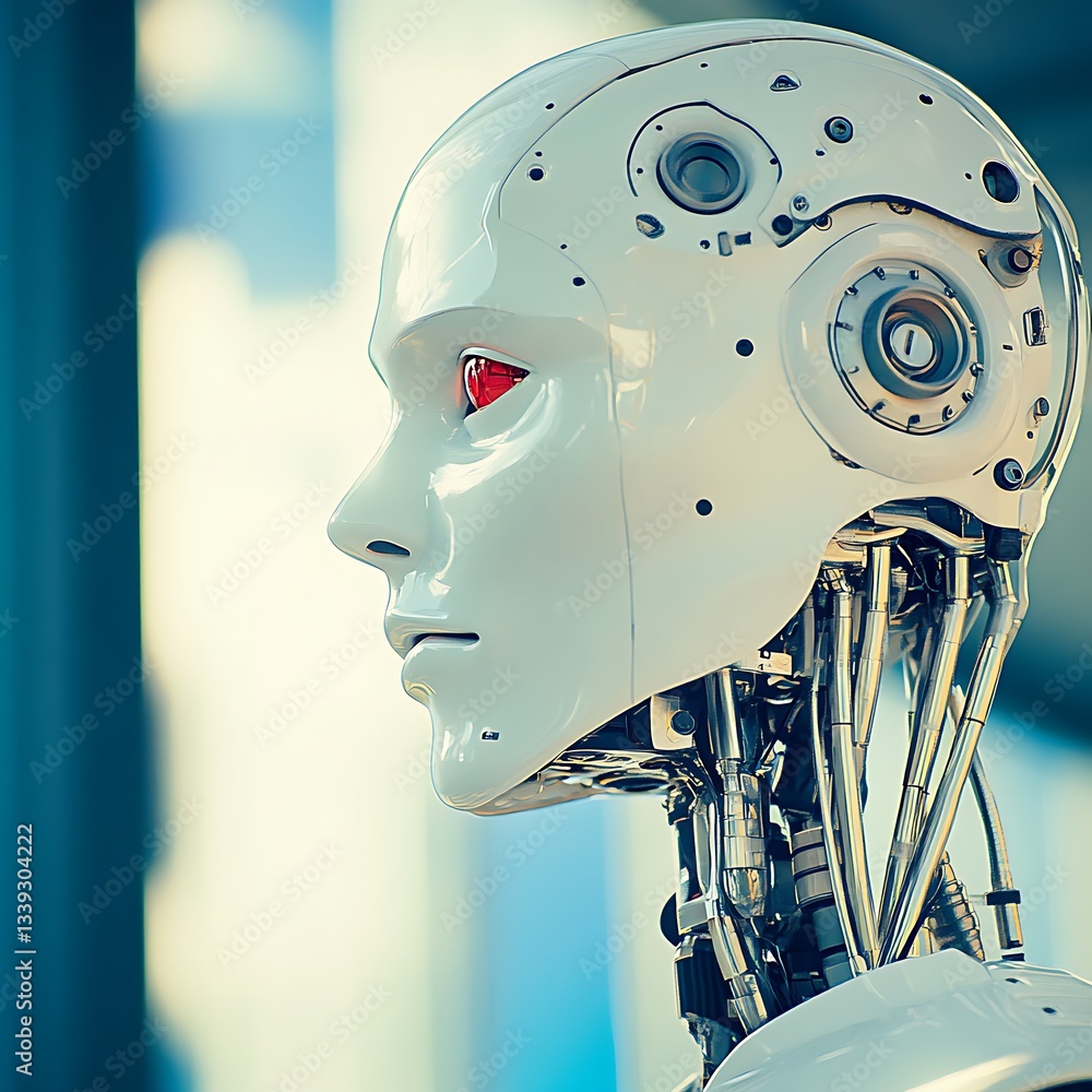 Robot head looking, technology, futuristic, blurred background Robot head looking, technology, futuristic, blurred background