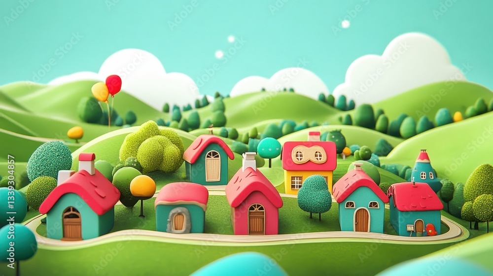 Fototapeta premium Cartoon village on a green rolling landscape under blue skies