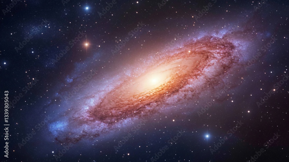 Fototapeta premium Vibrant spiral galaxy with glowing core, swirling stars and cosmic dust, showcasing the vastness of the universe, perfect for science themes.