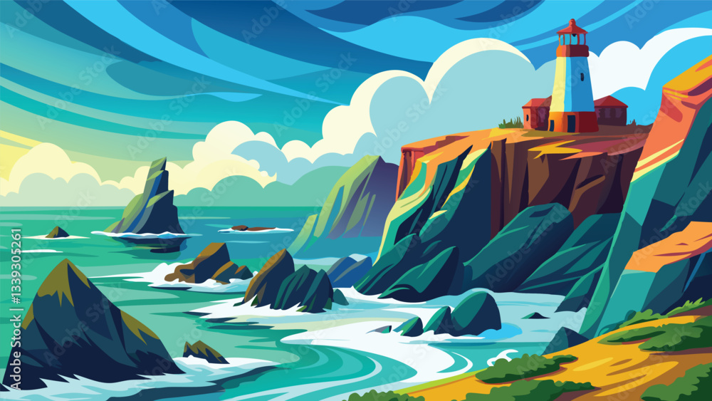 Naklejka premium Coastal Lighthouse Scenic View Dramatic Ocean Cliffs Seascape Illustration
