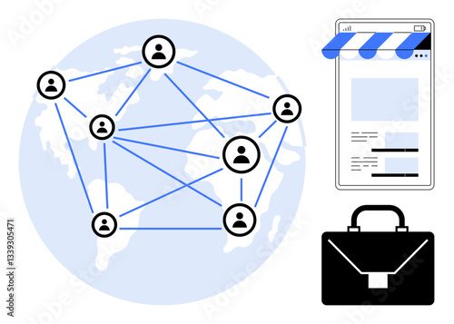 Network of global user connections over map, online storefront, business briefcase. Ideal for e-commerce, remote work, globalization, networking, online business trade technology. Flat simple