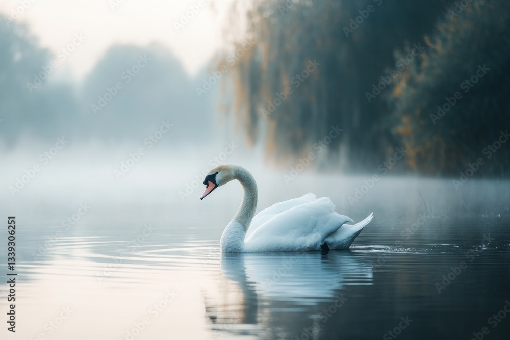 Fototapeta premium Close-up photo, swans calmly swimming in a cool, dewy lake in the morning, foggy atmosphere