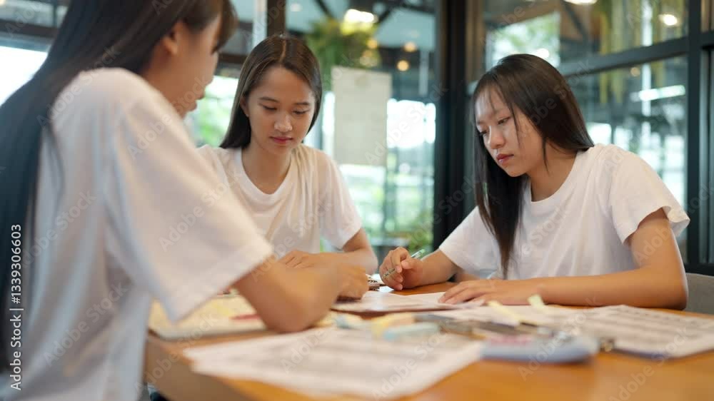 Three women sitting at a table with papers and markers. They are working together on a project. Scene is collaborative and focused Three women sitting at a table with papers and markers. They are working together on a project. Scene is collaborative and focused